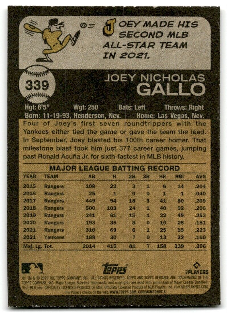 2022 Topps Heritage Joey Gallo New York Yankees #339