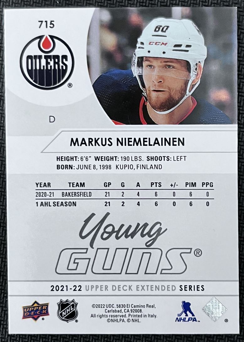 2021-22 Upper Deck Markus Niemelainen Rookie Edmonton Oilers #715