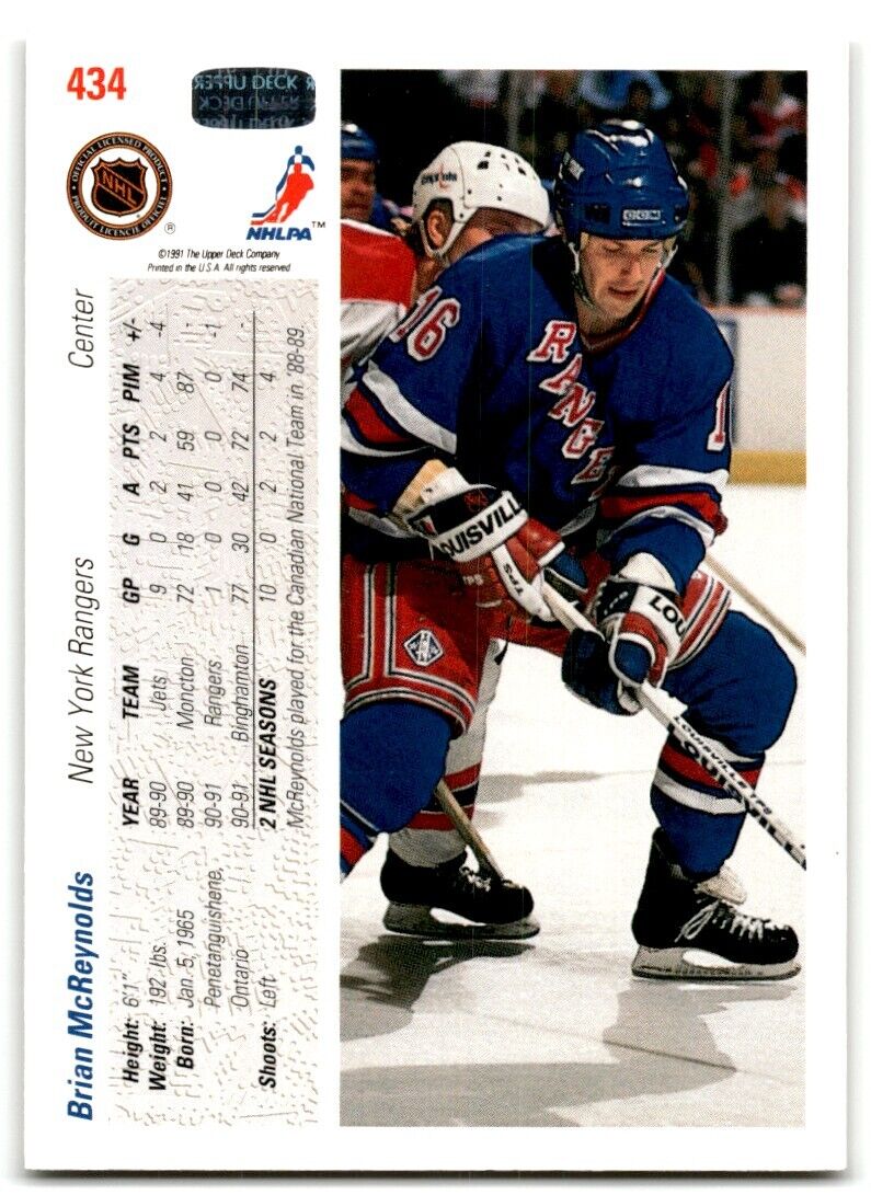 1991-92 Upper Deck Brian McReynolds Rookie New York Rangers #434