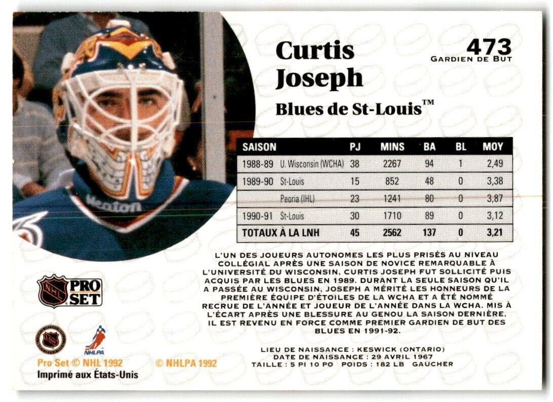 1991-92 Pro Set Curtis Joseph St. Louis Blues #473