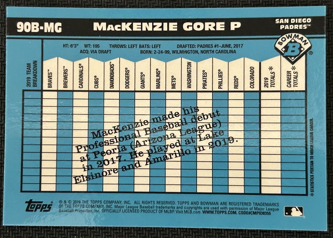 2020 Bowman 1990 MacKenzie Gore San Diego Padres #90B-MG