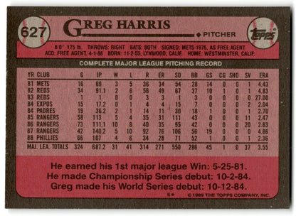 1989 Topps Greg Harris Philadelphia Phillies #627