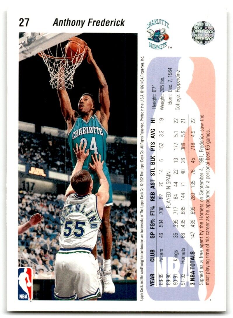 1992-93 Upper Deck Anthony Frederick Charlotte Hornets #27