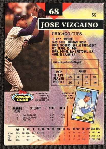 1993 Stadium Club Jose Vizcaino Chicago Cubs #68