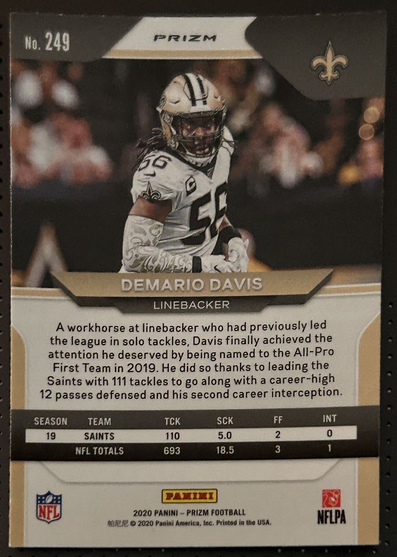 2020 Panini Prizm Orange Laser Demario Davis New Orleans Saints #249 Parallel