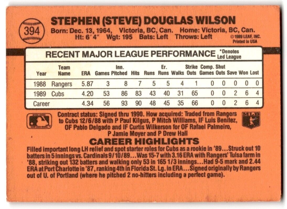 1990 Donruss Steve Wilson Chicago Cubs #394