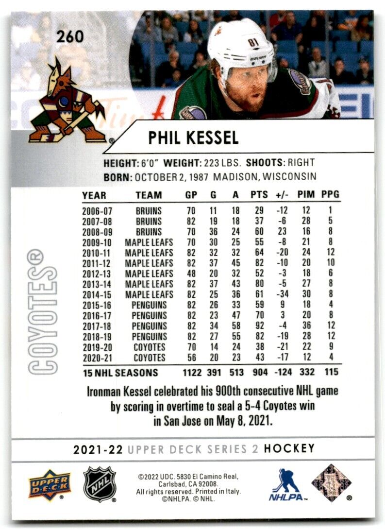 2021-22 Upper Deck Phil Kessel Arizona Coyotes #260