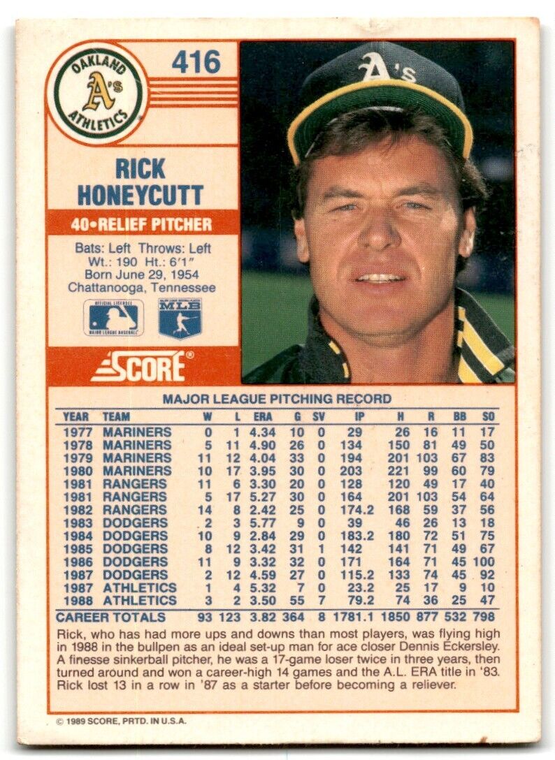 1989 Score Rick Honeycutt Oakland Athletics #416