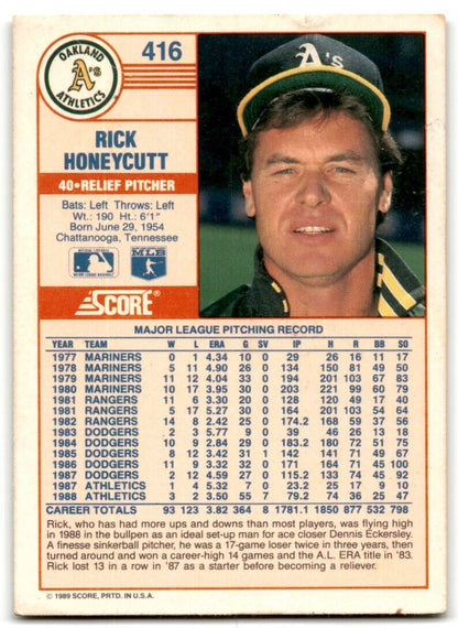 1989 Score Rick Honeycutt Oakland Athletics #416