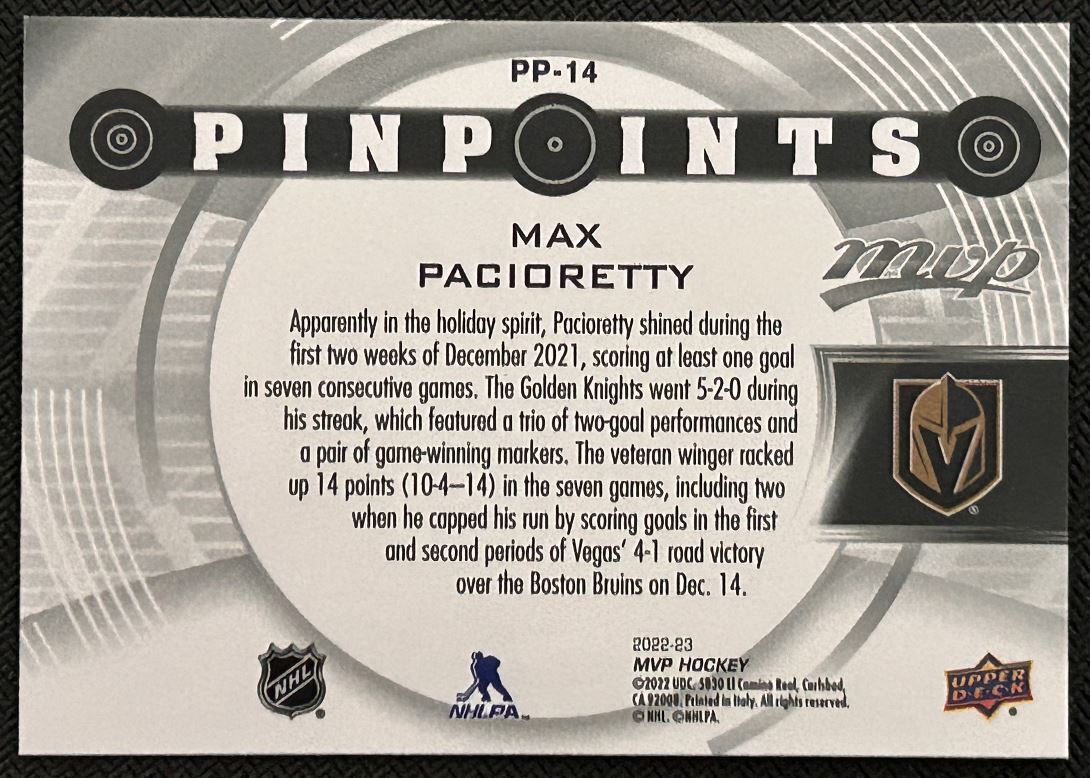 2022-23 Upper Deck MVP Pinpoints Max Pacioretty Vegas Golden Knights #PP-14