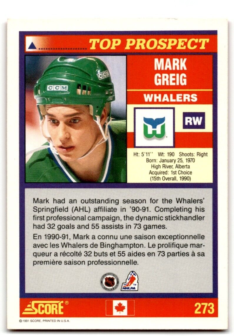 1991-92 Score Canadian Bilingual Mark Greig Hartford Whalers #273