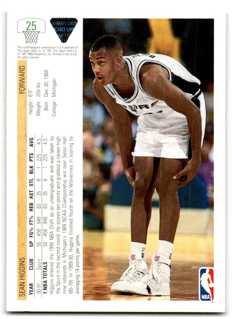 1991-92 Upper Deck Sean Higgins Rookie San Antonio Spurs #25