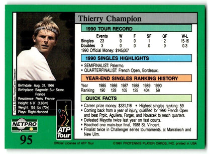 1991 Protennis player Cards Netpro Tour Star Thierry Champion #95