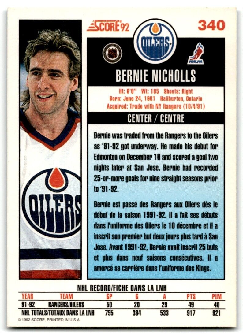 1992-93 Score Bernie Nicholls Edmonton Oilers #340