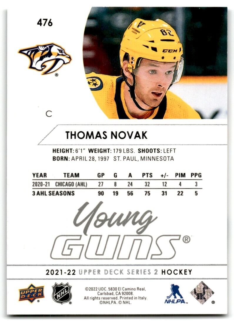 2021-22 Upper Deck Thomas Novak Rookie Nashville Predators #476