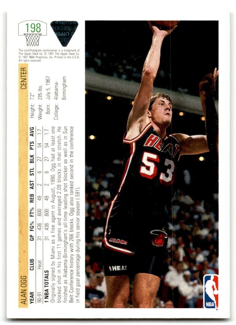 1991-92 Upper Deck Alan Ogg Rookie Miami Heat #198