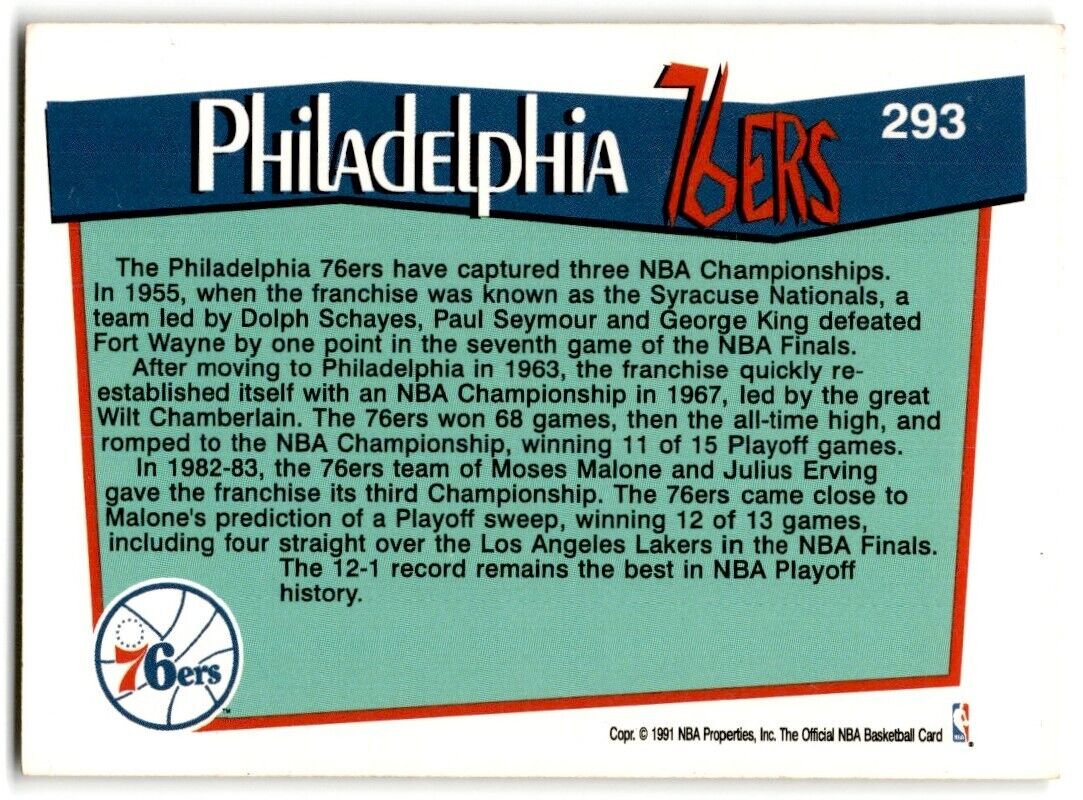 1991-92 Hoops Philadelphia 76ers Philadelphia 76ers #293