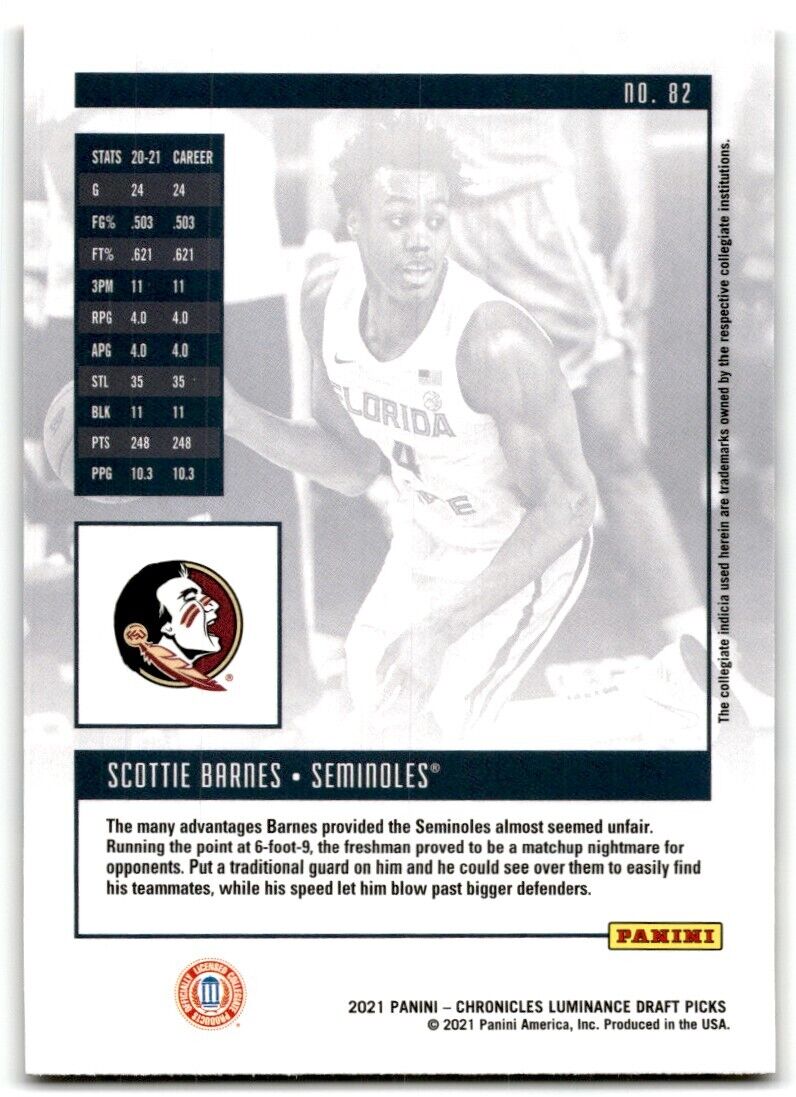 2021-22 Panini Chronicles Luminance Draft Picks Scottie Barnes Florida State