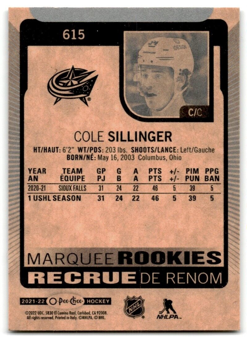 2021-22 O-Pee-Chee Markee Rookies Cole Sillinger Rookie Columbus Blue Jackets