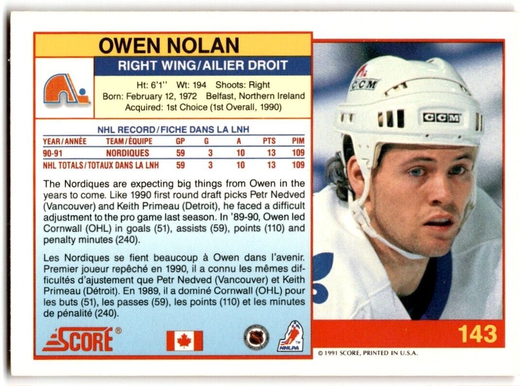 1991-92 Score Owen Nolan Quebec Nordiques #143