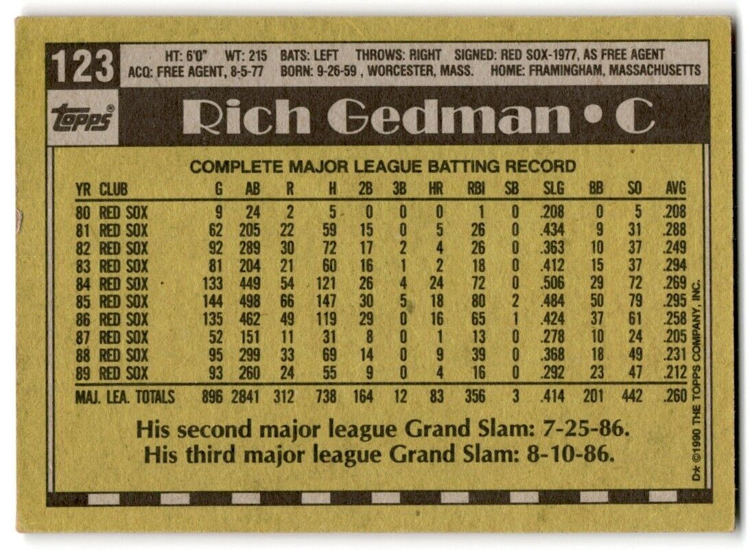 1990 Topps Rich Gedman Boston Red Sox #123