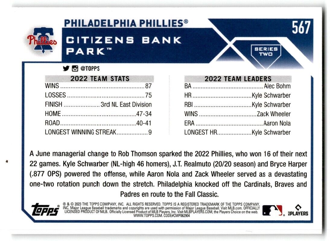 2023 Topps Philadelphia Phillies Philadelphia Phillies #567