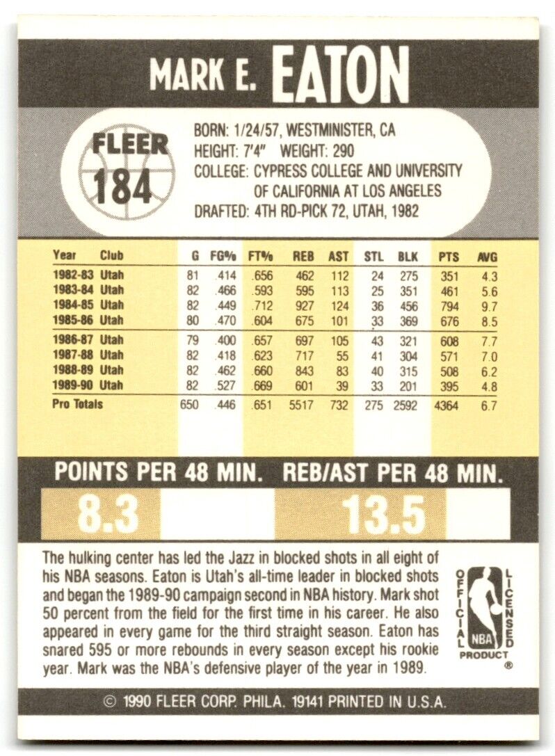 1990-91 Fleer Mark Eaton Utah Jazz #184