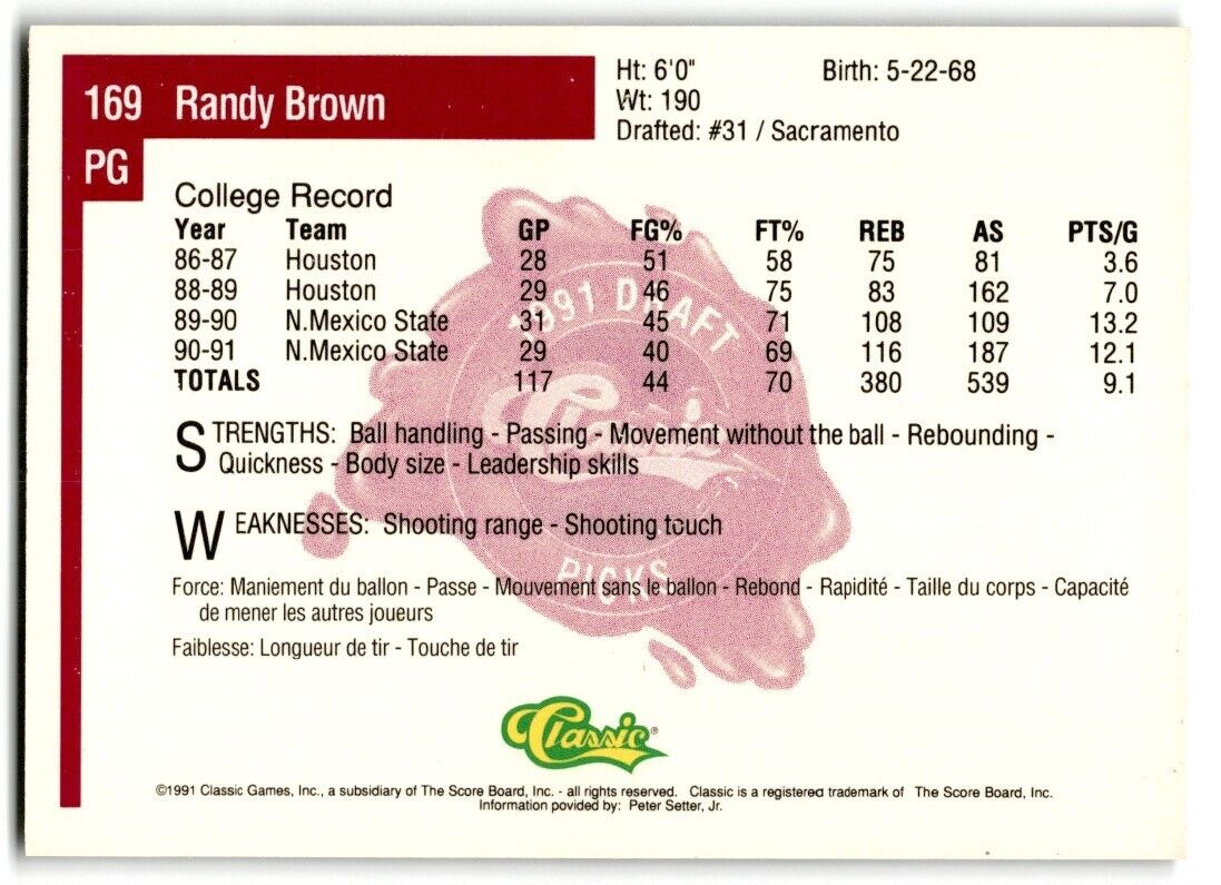 1991-92 Classic Randy Brown Rookie New Mexico State Aggies #169