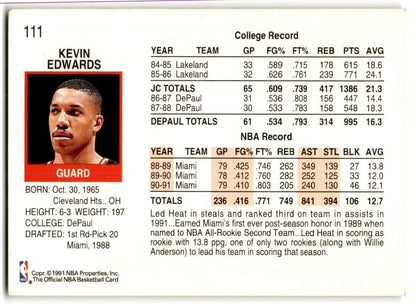 1991-92 Hoops Kevin Edwards Miami Heat #111