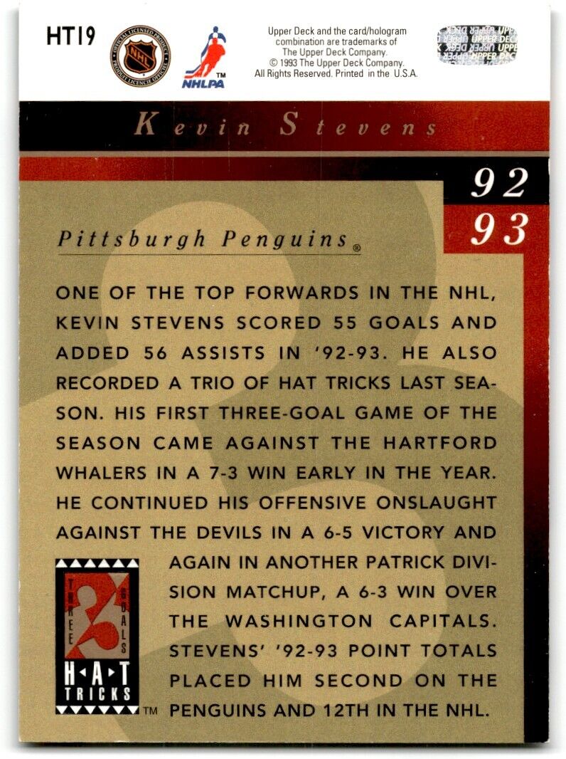 1993-94 Upper Deck Hat Tricks Kevin Stevens Pittsburgh Penguins #HT19