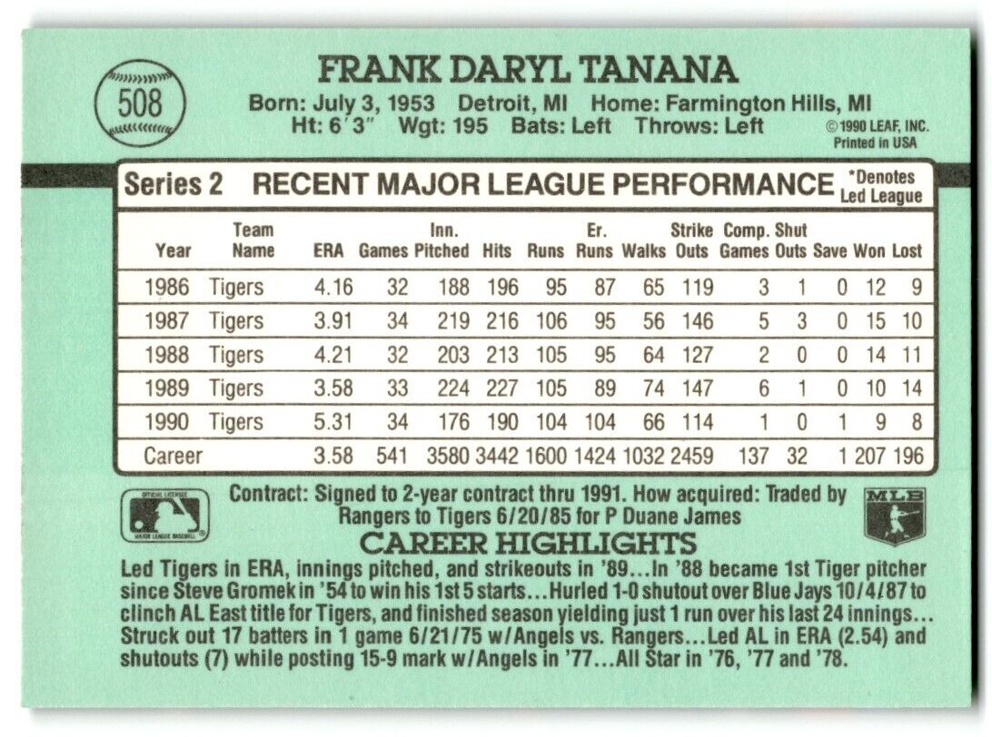 1991 Donruss Frank Tanana Detroit Tigers #508