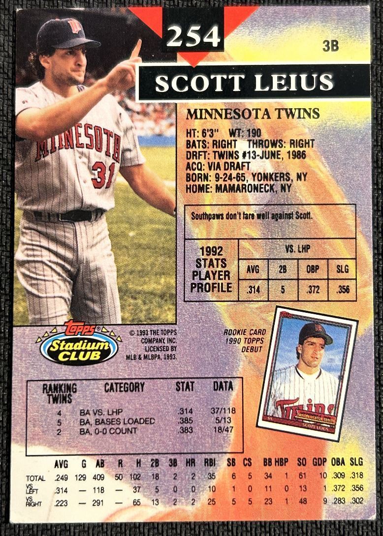 1993 Stadium Club First Day Production Scott Leius Minnesota Twins #254