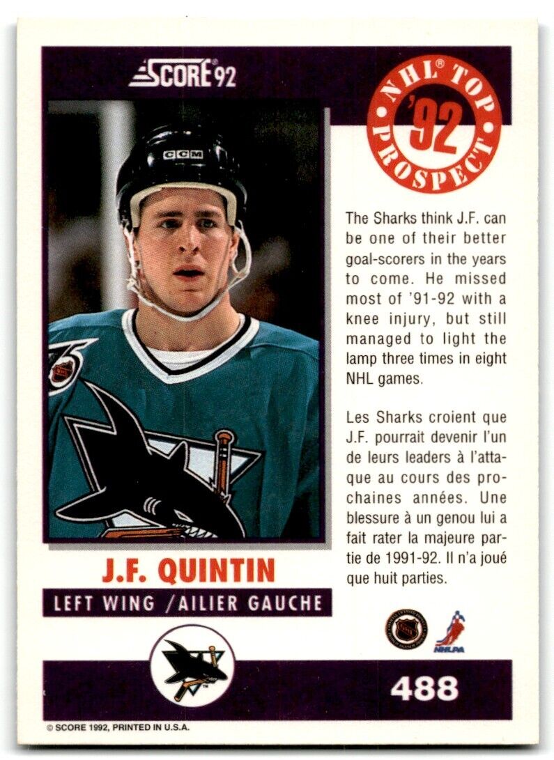 1992-93 Score Canadian Jean-Francois Quintin Rookie San Jose Sharks #488