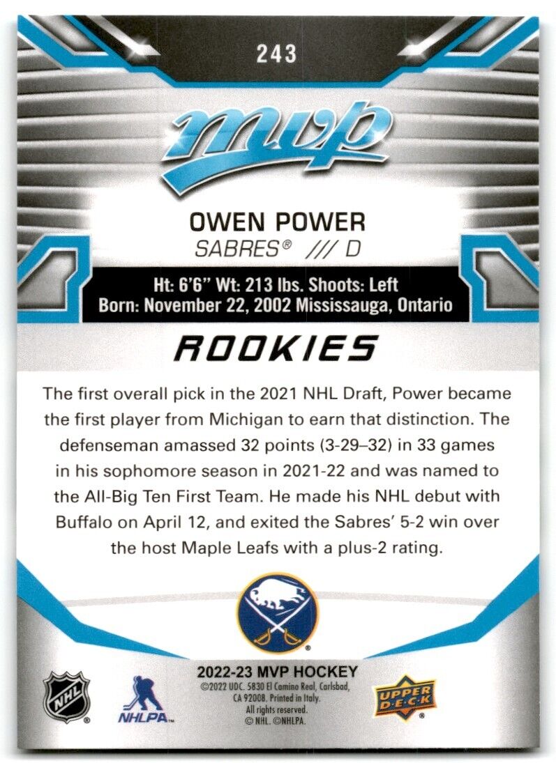 2022-23 Upper Deck MVP Owen Power Rookie Buffalo Sabres #243