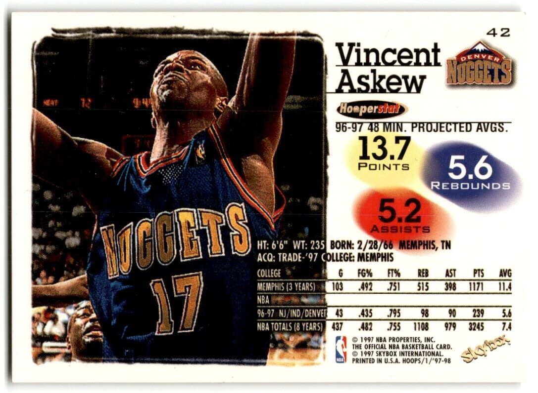 1997-98 Hoops Vincent Askew Denver Nuggets #42