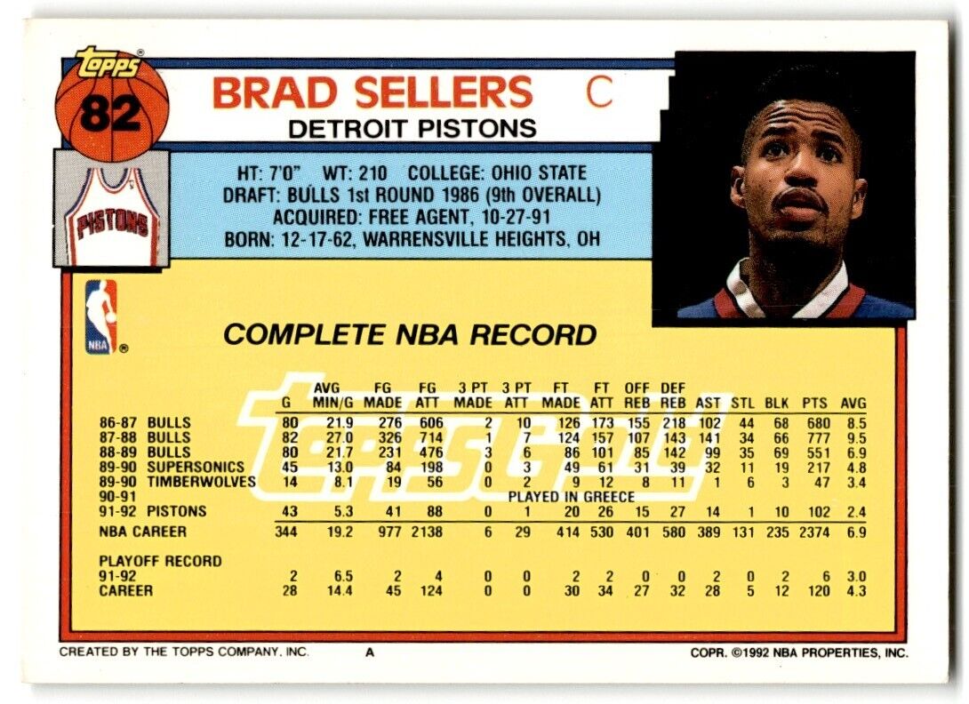 1992-93 Topps Brad Sellers Detroit Pistons #82