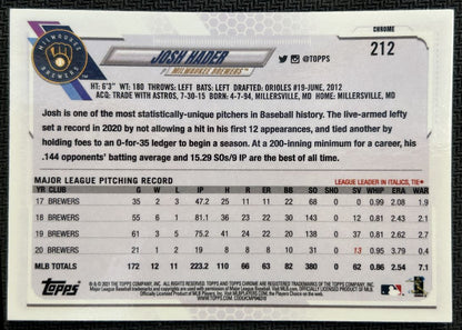 2021 Topps Chrome Josh Hader Milwaukee Brewers #212