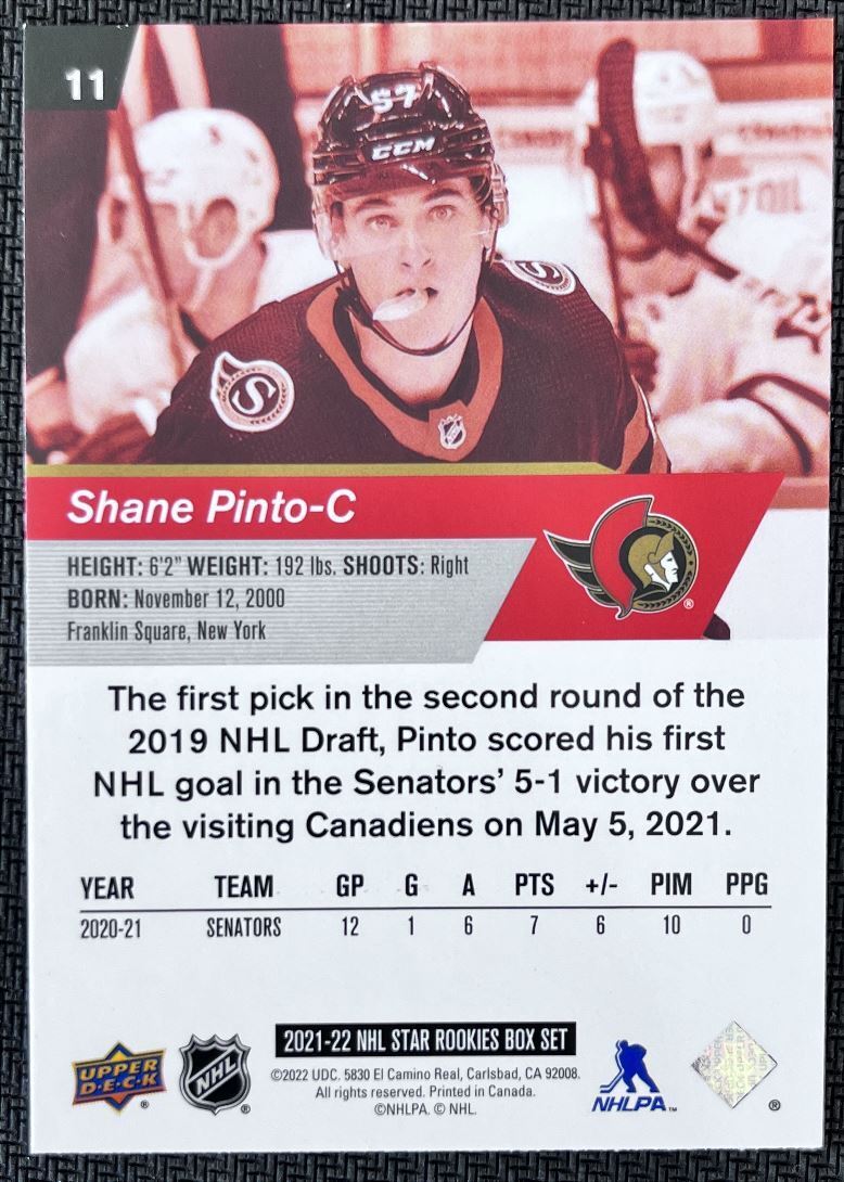 2021-22 Upper Deck NHL Star Rookie Shane Pinto Rookie Ottawa Senators #11