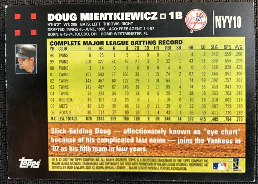 2007 Topps Doug Mientkiewicz New York Yankees #NYY10