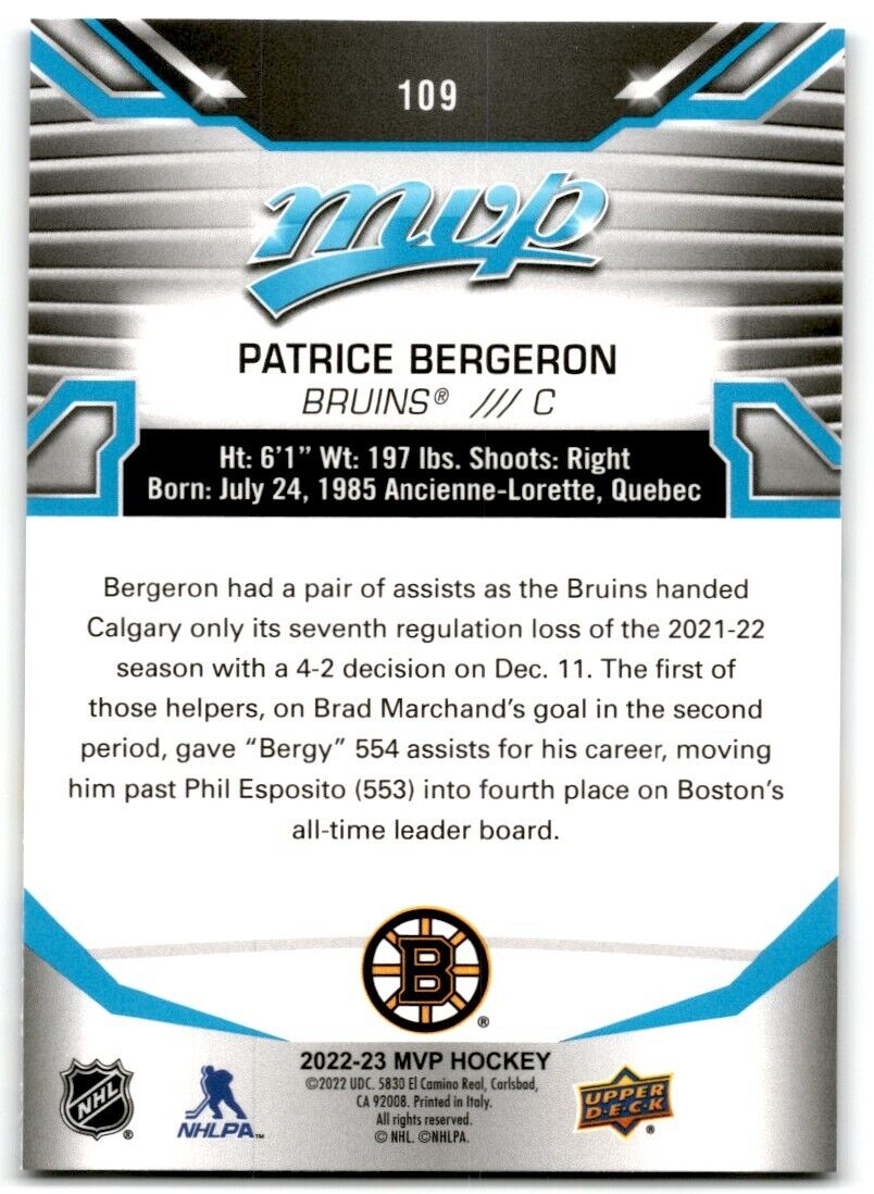 2022-23 Upper Deck MVP Patrice Bergeron Boston Bruins #109