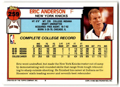 1992-93 Topps Eric Anderson Rookie New York Knicks #259