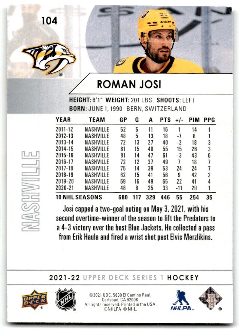 2021-22 Upper Deck Roman Josi Nashville Predators #104