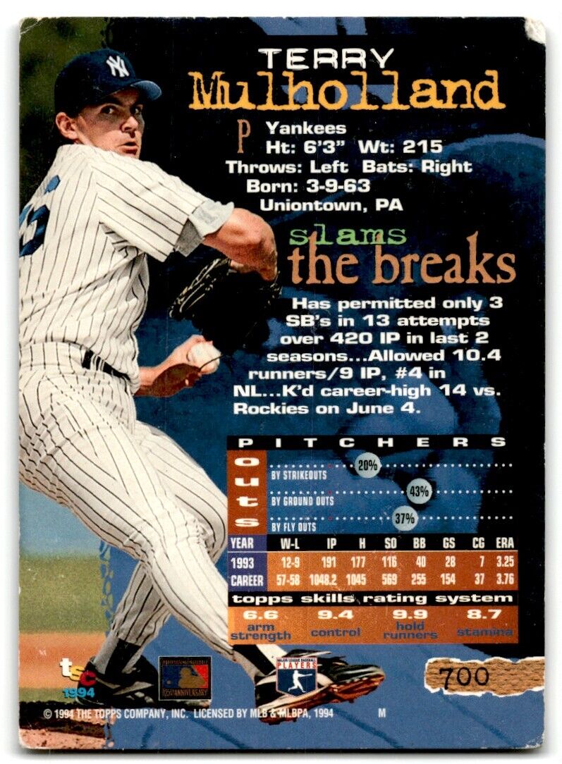 1994 Stadium Club Terry Mulholland New York Yankees #700