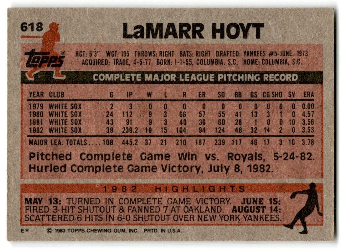 1983 Topps LaMarr Hoyt Chicago White Sox #618