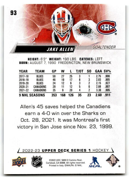 2022-23 Upper Deck Jake Allen Montreal Canadiens #93