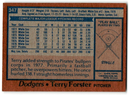 1978 Topps Terry Forster Los Angeles Dodgers #347