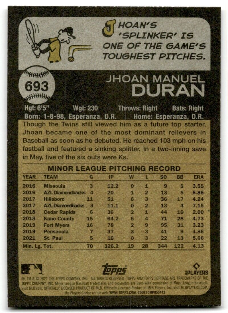 2022 Topps Heritage High Number Jhoan Duran Rookie Minnesota Twins #693