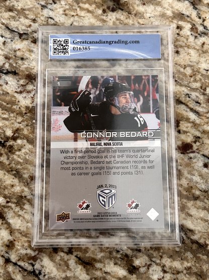 2023 Upper Deck "Game dated moments" CONNOR BEDARD rookie RC Graded 9.5