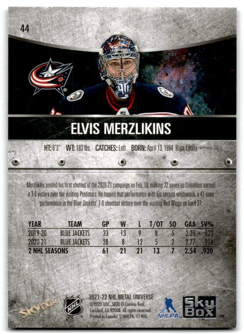 2021-22 Skybox Metal Universe Elvis Merzlikins Columbus Blue Jackets #44