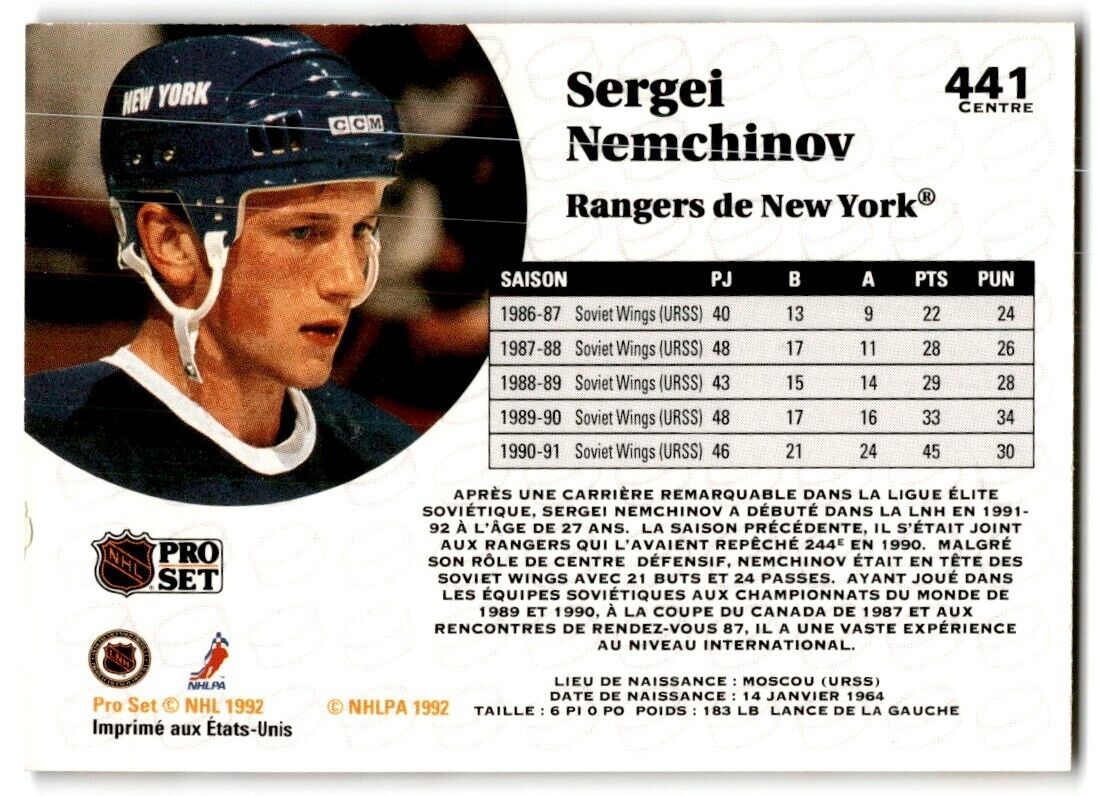 1991-92 Pro Set Sergei Nemchinov New York Rangers #441